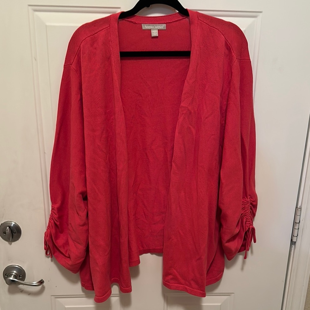 Vibrant Pink Open-Front Cardigan with Rooched Sleeves